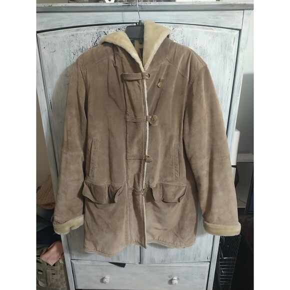 Bernardo Suede Leather Faux Fur Lined Beige Hooded Large Coat - Picture 1 of 11